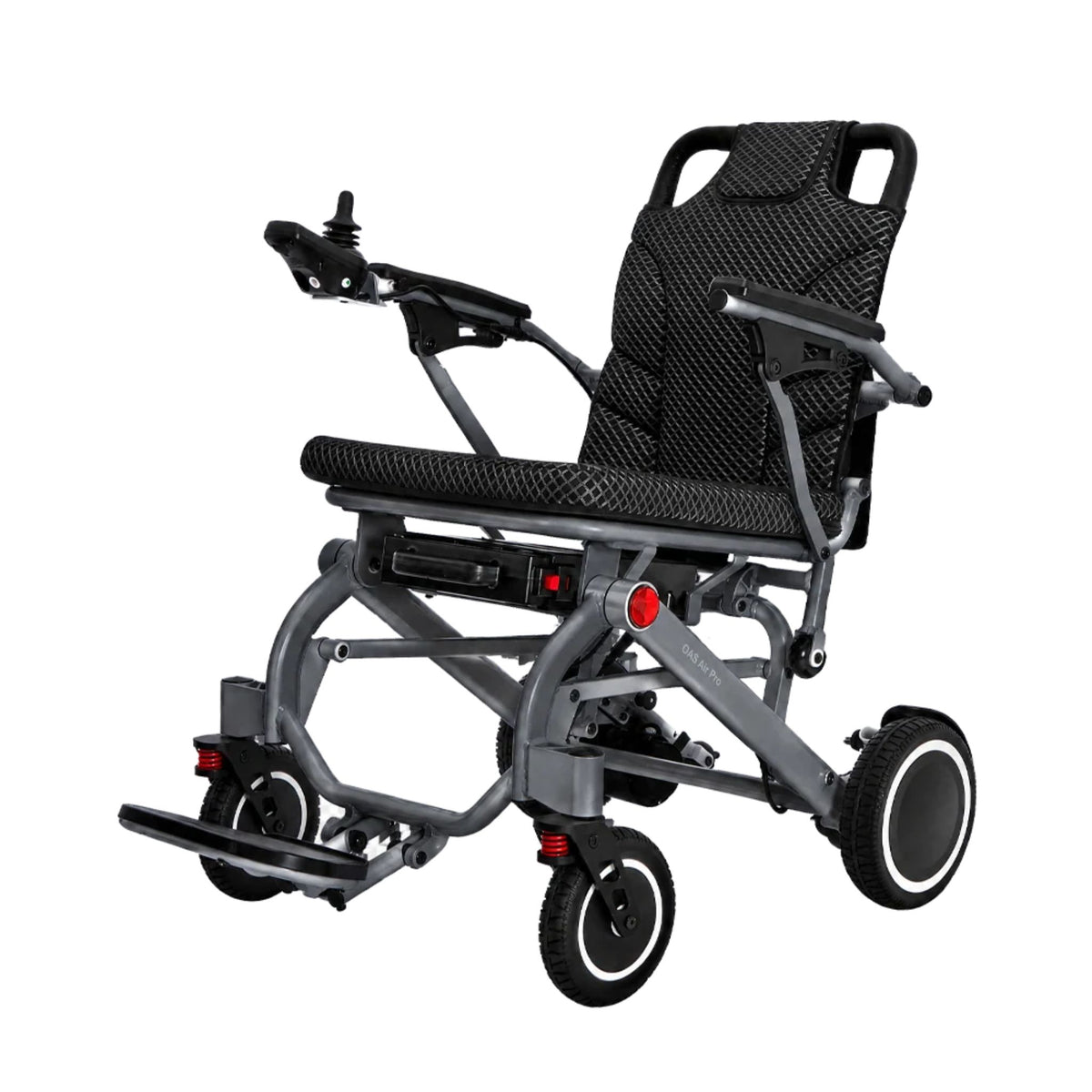 OAS Air Pro 2027 lightweight folding electric wheelchair in Charcoal Grey, front angle view with quilted seat and joystick controller