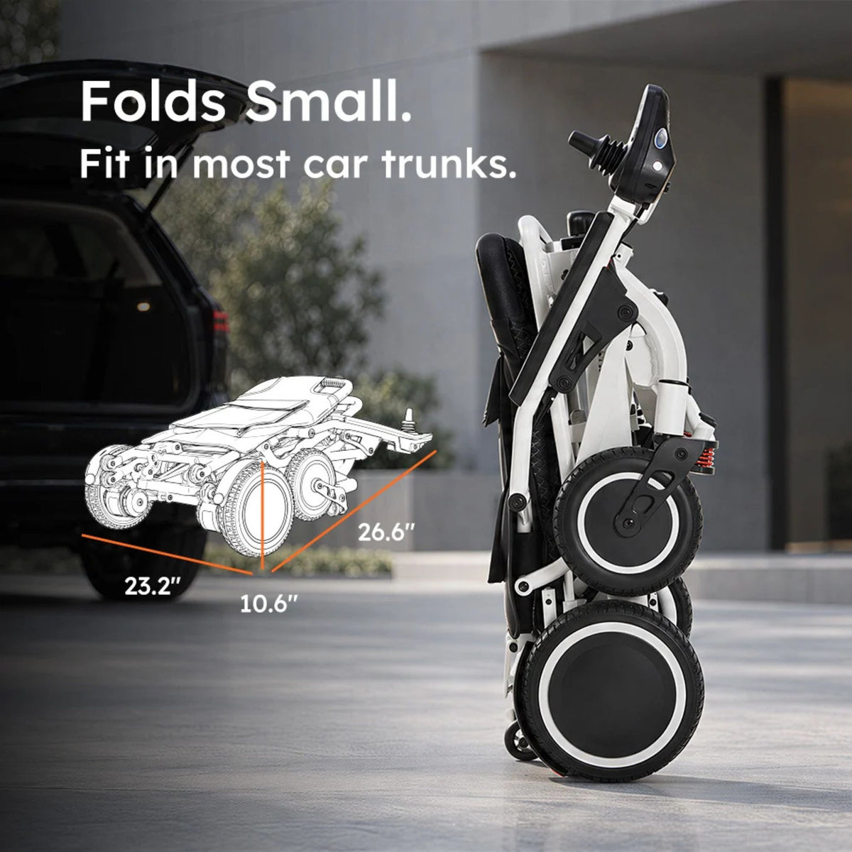 OAS Air Pro 2027 electric wheelchair folded beside an open car trunk, folded size 10.6 by 26.6 by 23.2 inches