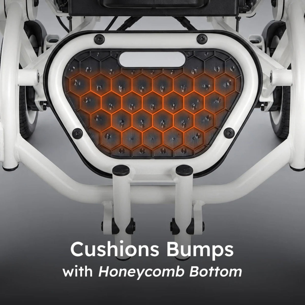 Underside of the OAS Air Pro 2027 flip-up footrest showing the honeycomb structure that absorbs bumps and vibration