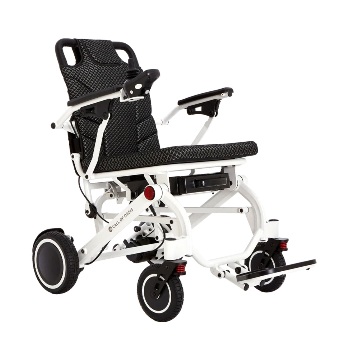 OAS Air Pro 2027 electric wheelchair in Ivory, rear angle view showing leather-wrapped push handle, backrest and rear-wheel drive motors