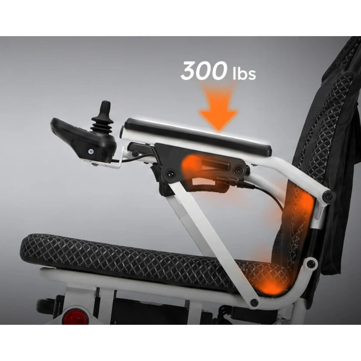Side view of the OAS Air Pro 2027 reinforced triangular armrest frame rated to support 300 pounds