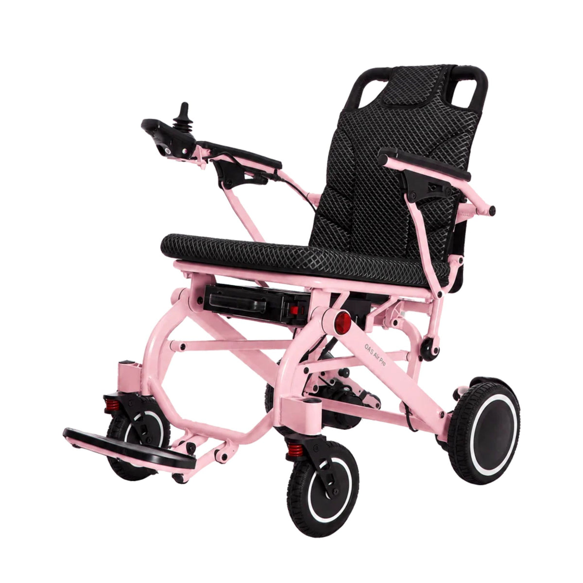 OAS Air Pro 2027 lightweight folding electric wheelchair in Soft Pink, front angle view with quilted seat and joystick controller