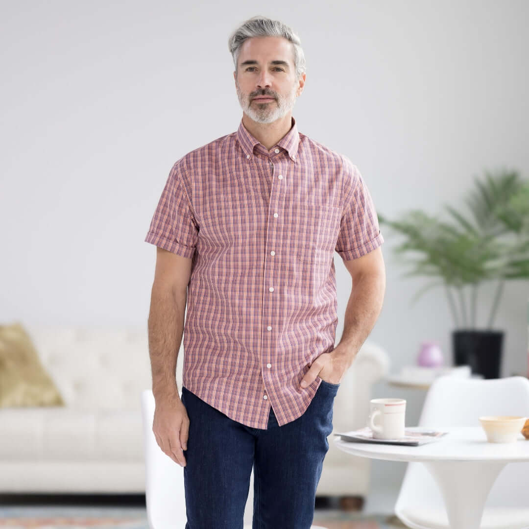 Orange Plaid Short Sleeve Button Down Collar Shirt with Magnetic Closures