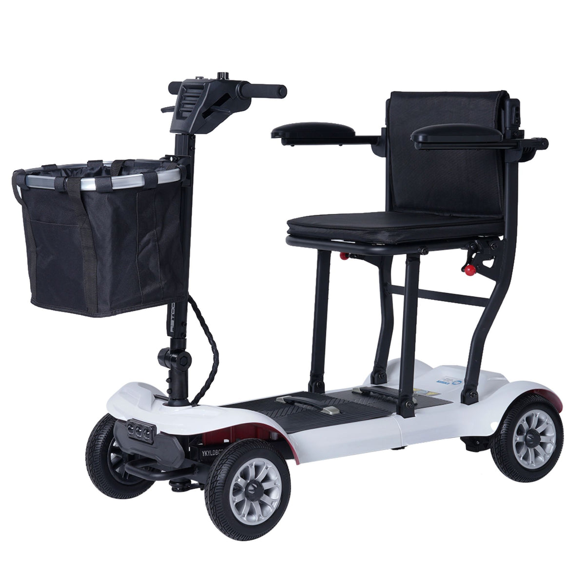 Paiseec D3 lightweight folding mobility scooter in white with LED headlights, front basket, and padded seat