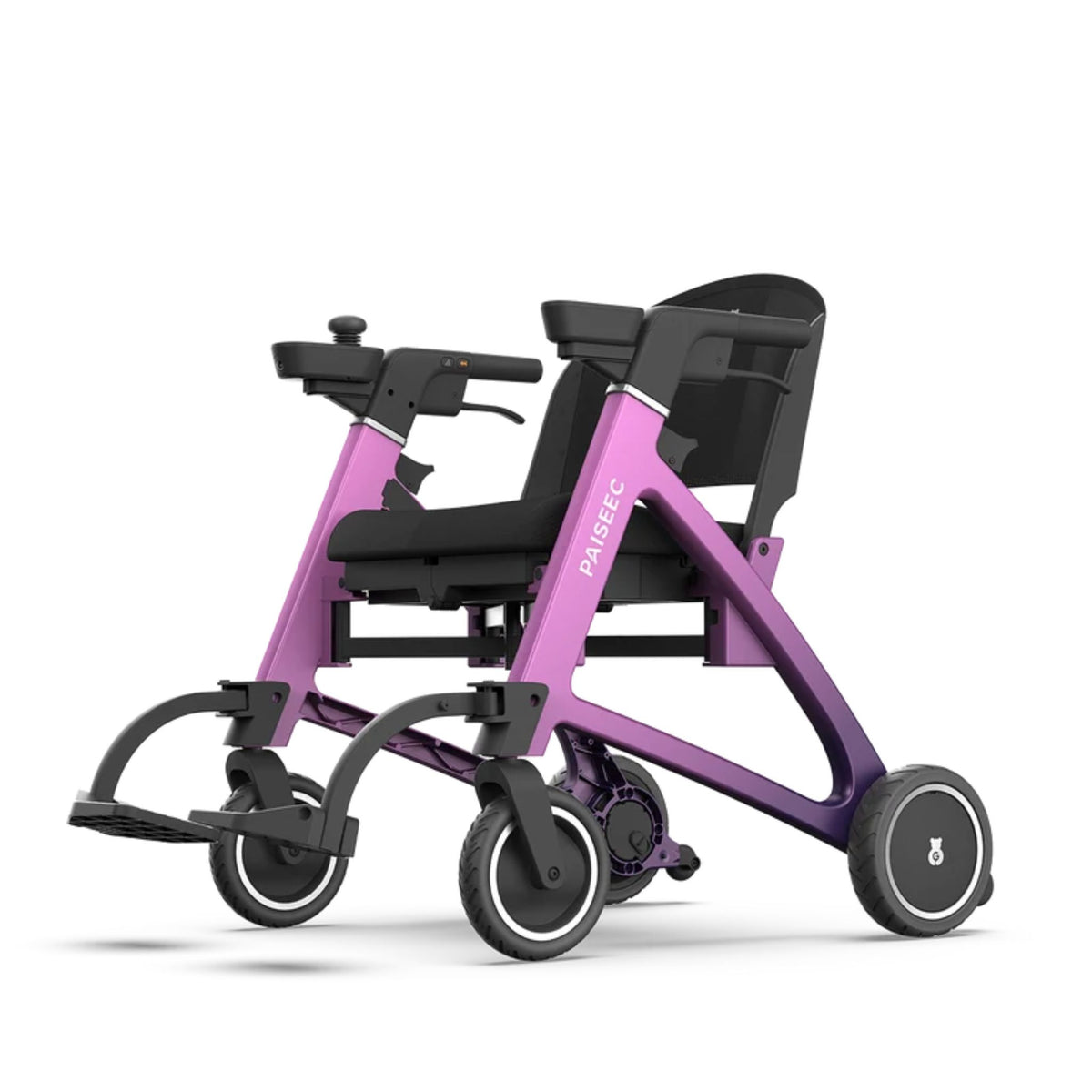 Paiseec FLEX Aurora Limited Edition in pink-to-purple gradient set up as an electric wheelchair with backrest, armrests and footrests