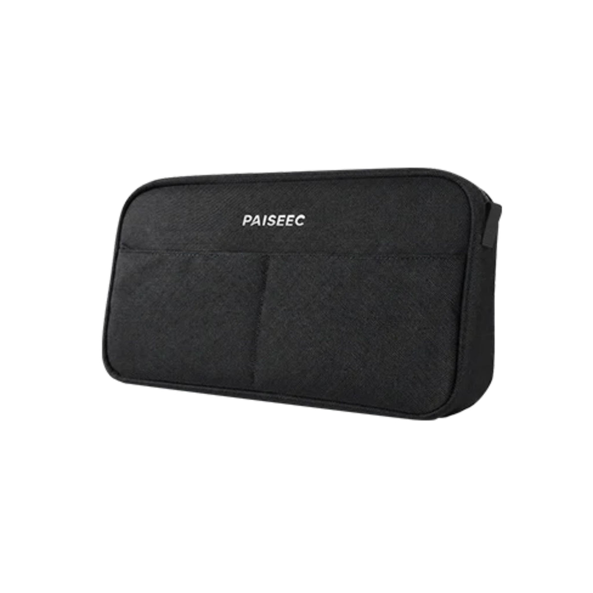 Paiseec FLEX compact storage pouch in black, angled view showing the two front pockets and mounting strap
