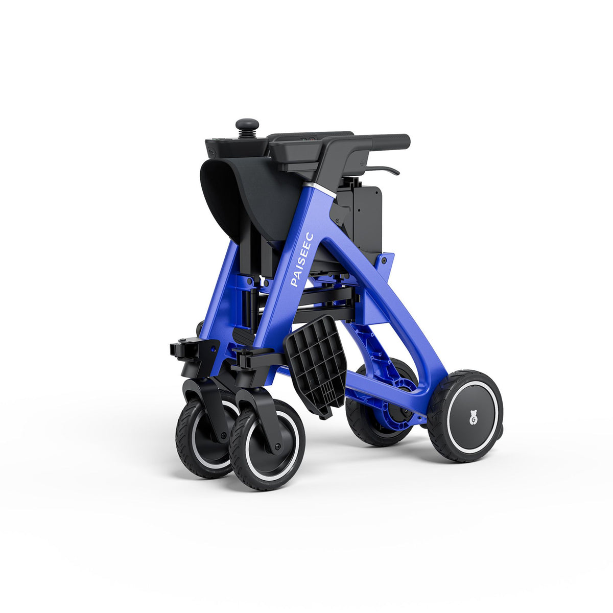 Paiseec FLEX R3 folded for storage, front angle view in Blue showing stowed footrest and carry handle