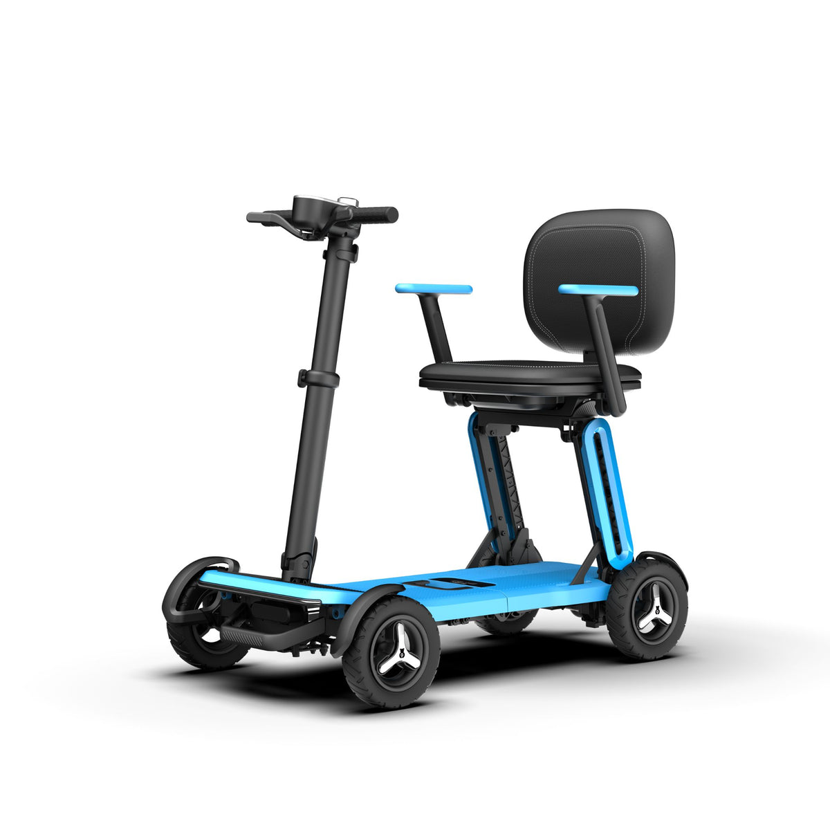 Paiseec L5 lightweight folding mobility scooter in Blue, front angle view with tiller, seat and armrests