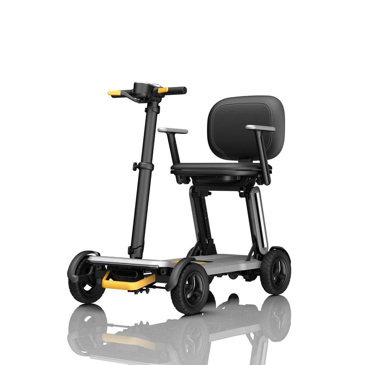 Paiseec L5 lightweight folding mobility scooter in Gray, front angle view with tiller, seat and armrests