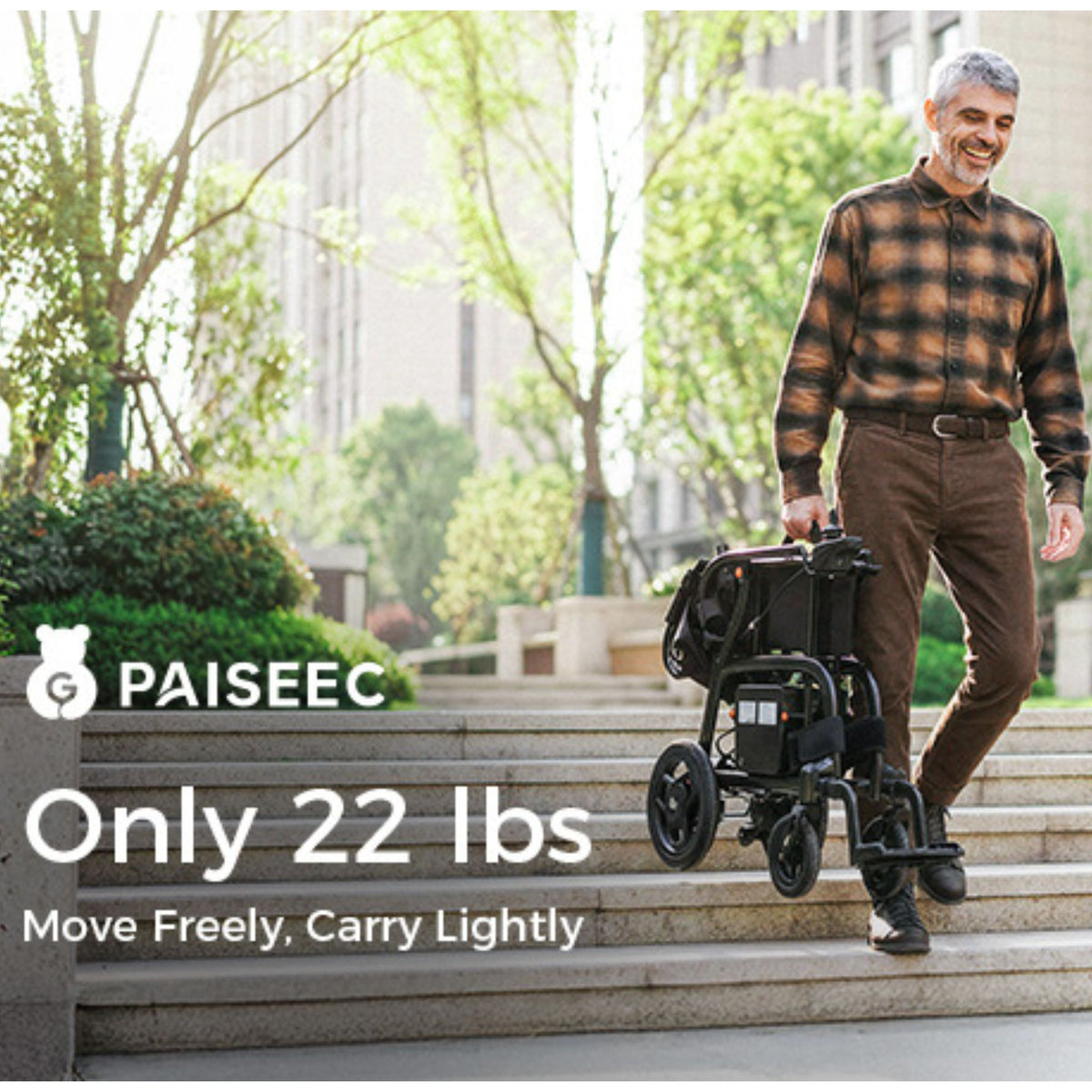 Man carrying a folded Paiseec Q5 carbon fiber electric wheelchair up outdoor steps; only 22 lbs