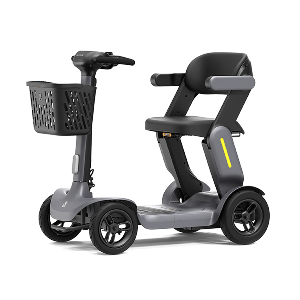 Paiseec S3 folding mobility scooter in Gray, front angle view with basket, tiller and padded seat