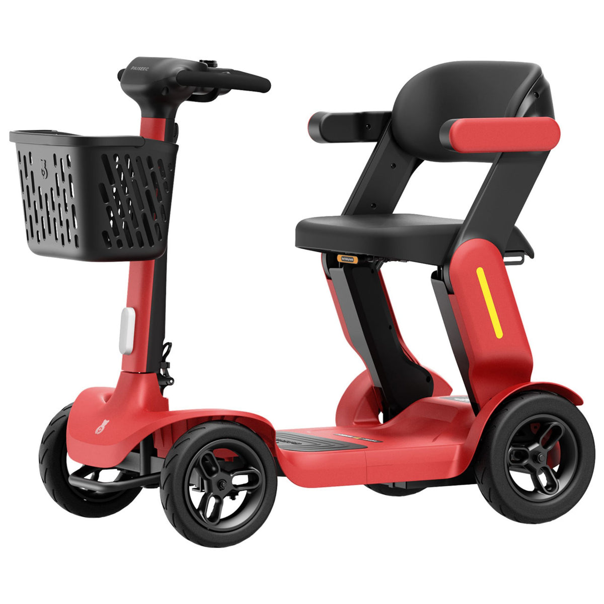Paiseec S3 folding mobility scooter in Red, front angle view with basket, tiller and padded seat