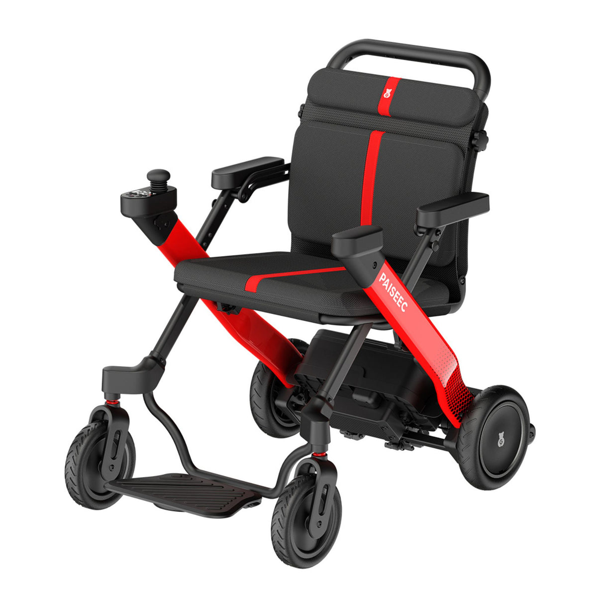Paiseec W1 2-in-1 folding electric wheelchair in red with joystick controller, flip-up armrests, and padded seat