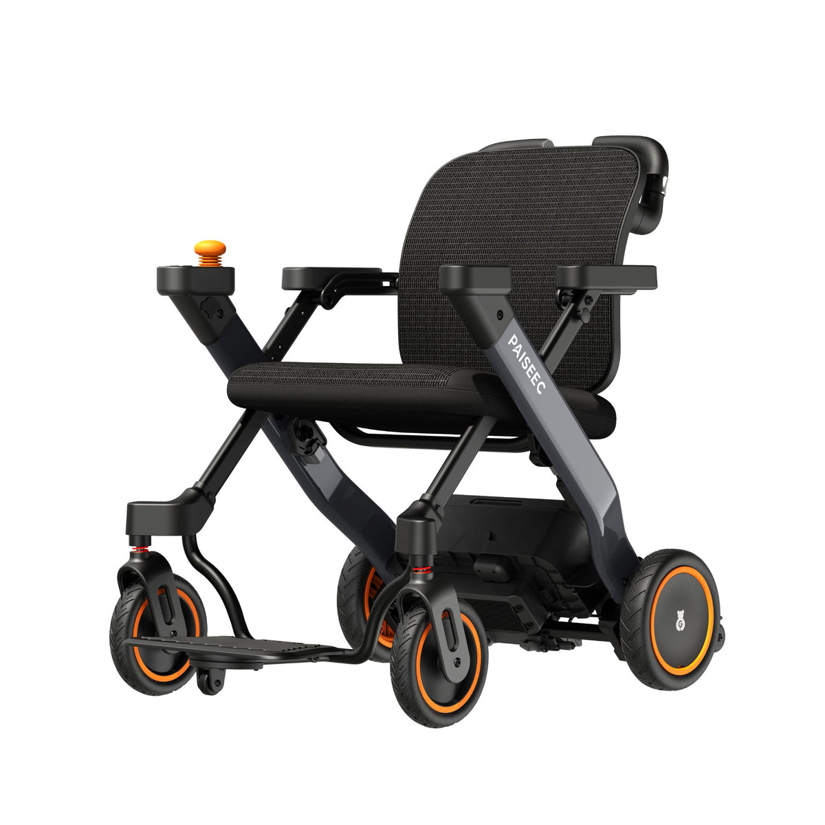 Paiseec W3 3-in-1 folding electric wheelchair in gray with orange accents, joystick controller, and adjustable armrests