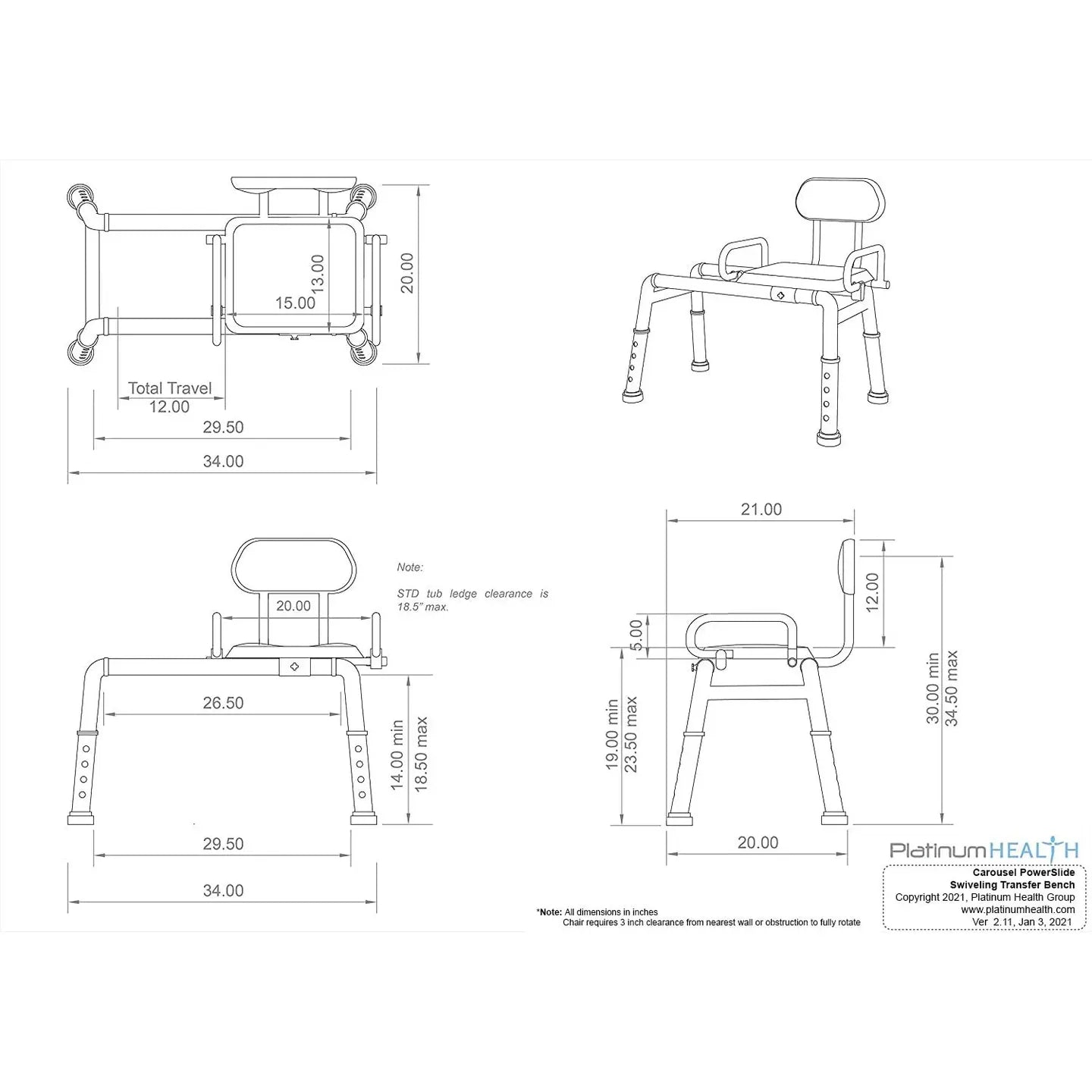 PowerSlide Carousel Sliding Transfer Shower Bath Bench with Swivel Seat