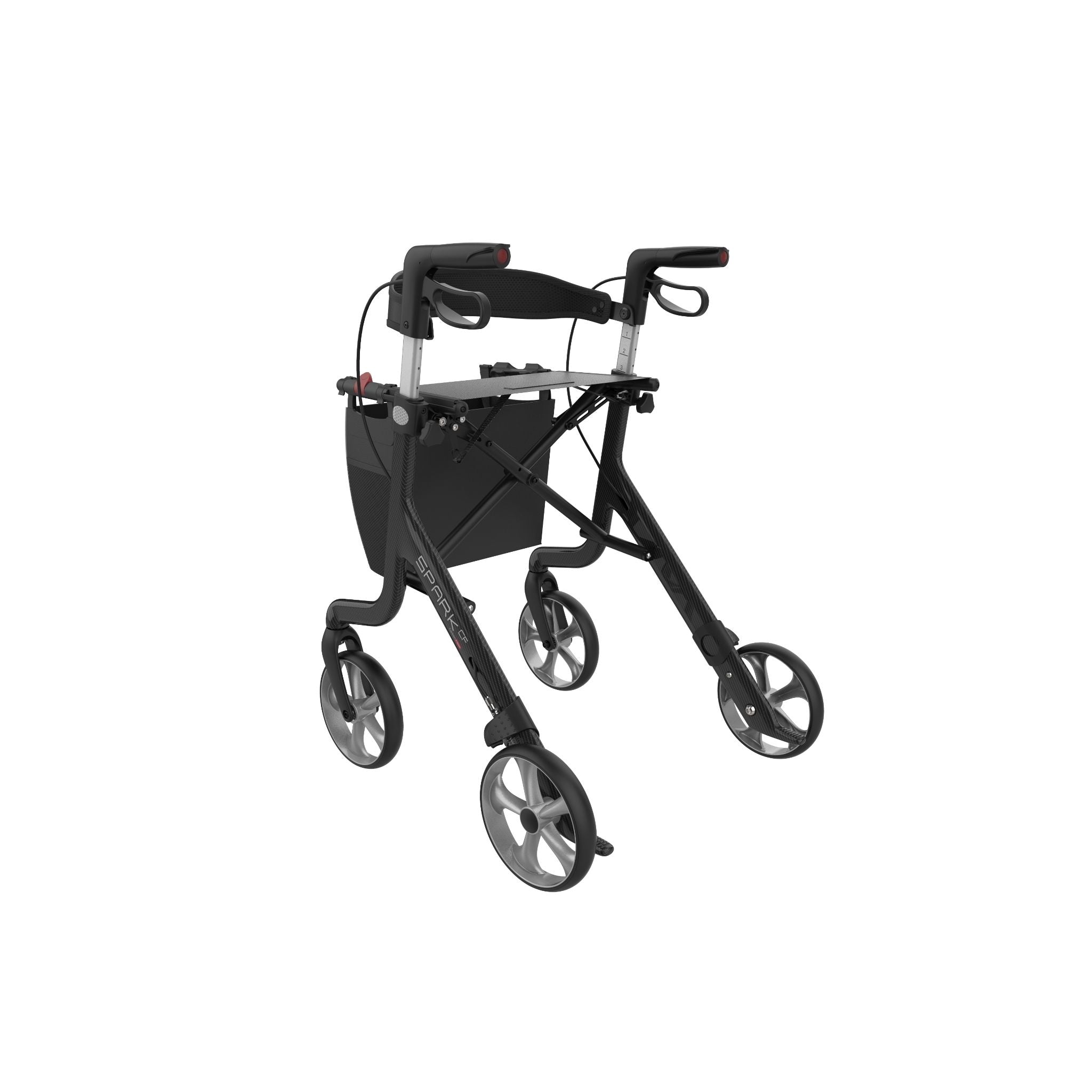Rear angle view of the Rehasense SPARK carbon fiber rollator featuring an ultra-lightweight folding frame, ergonomic handles, integrated storage bag, and large performance wheels for everyday walking support and mobility.