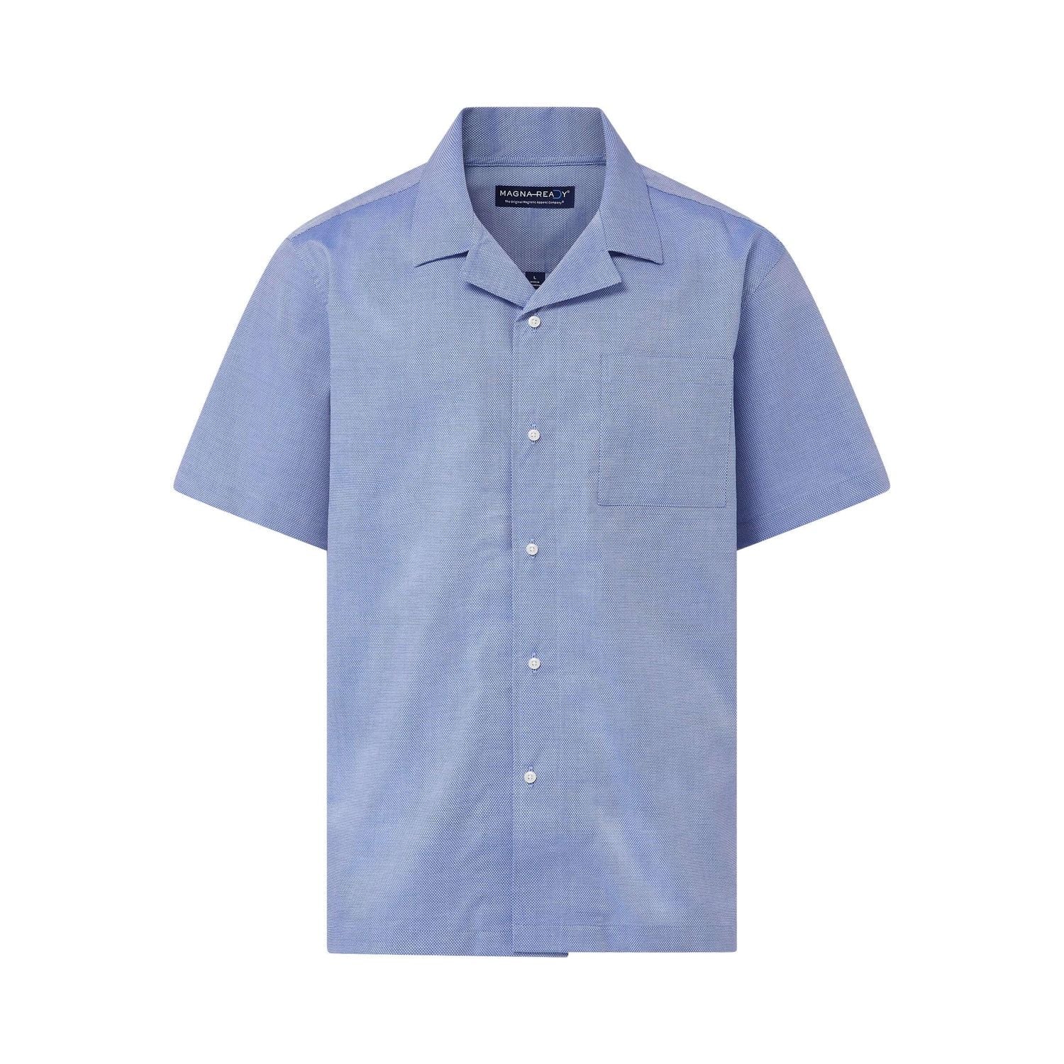Short Sleeve Untucked Solid Blue Camp Casual Shirt with Magnetic Closures by MagnaReady®
