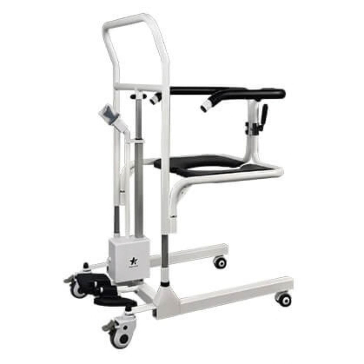 Side view of the StarSleep CareLift transfer chair showing push handle, electric lift column, footrests and locking casters