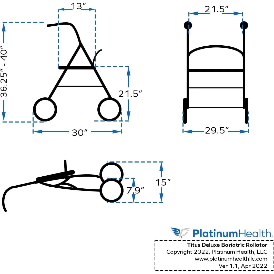 Titus Extra-Wide Deluxe Bariatric Walker Rollator. 600lb Wt Capacity (Blue Unavailable)