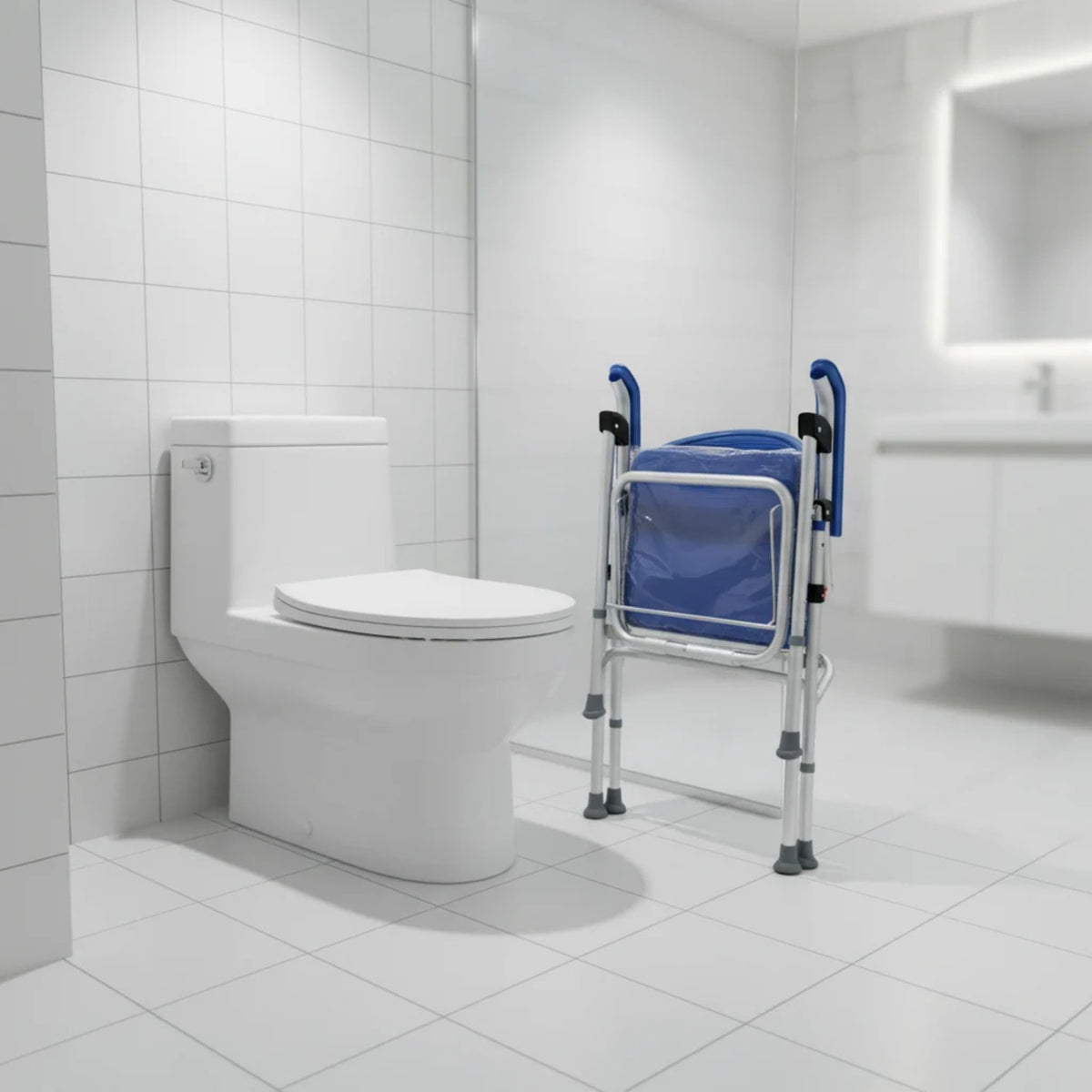 UltraCommode folded flat and stored upright beside a toilet in a modern white bathroom