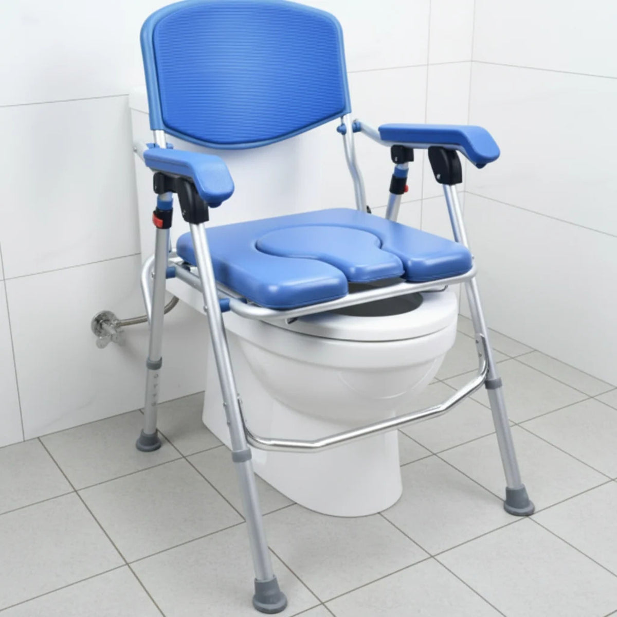 UltraCommode positioned over a standard toilet as a padded raised toilet seat with armrests, pail removed
