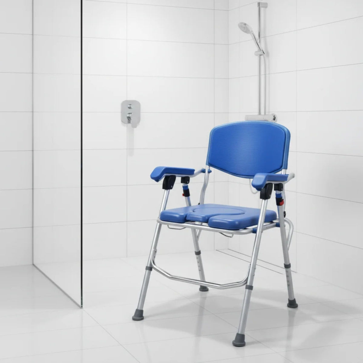 Blue Platinum Health UltraCommode padded folding commode chair set up as a shower chair in a white tiled walk-in shower