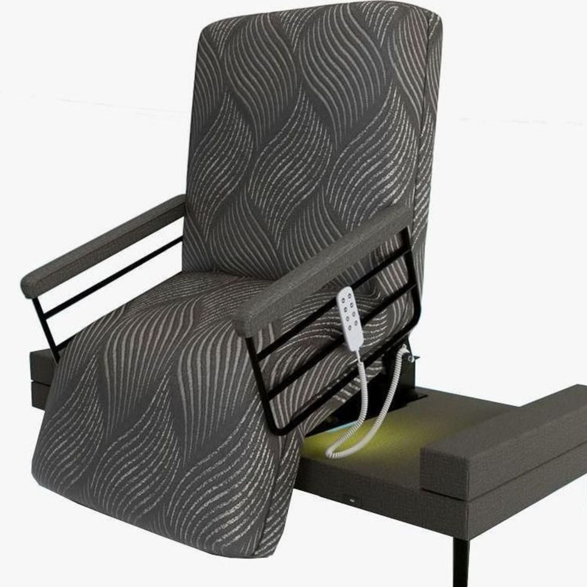 Right-side view of the UPbed Independence rotating lift bed in seated transfer position featuring supportive armrests, motorized rotation, integrated remote control, and adjustable positioning designed to assist with safer standing transitions and independent home mobility.