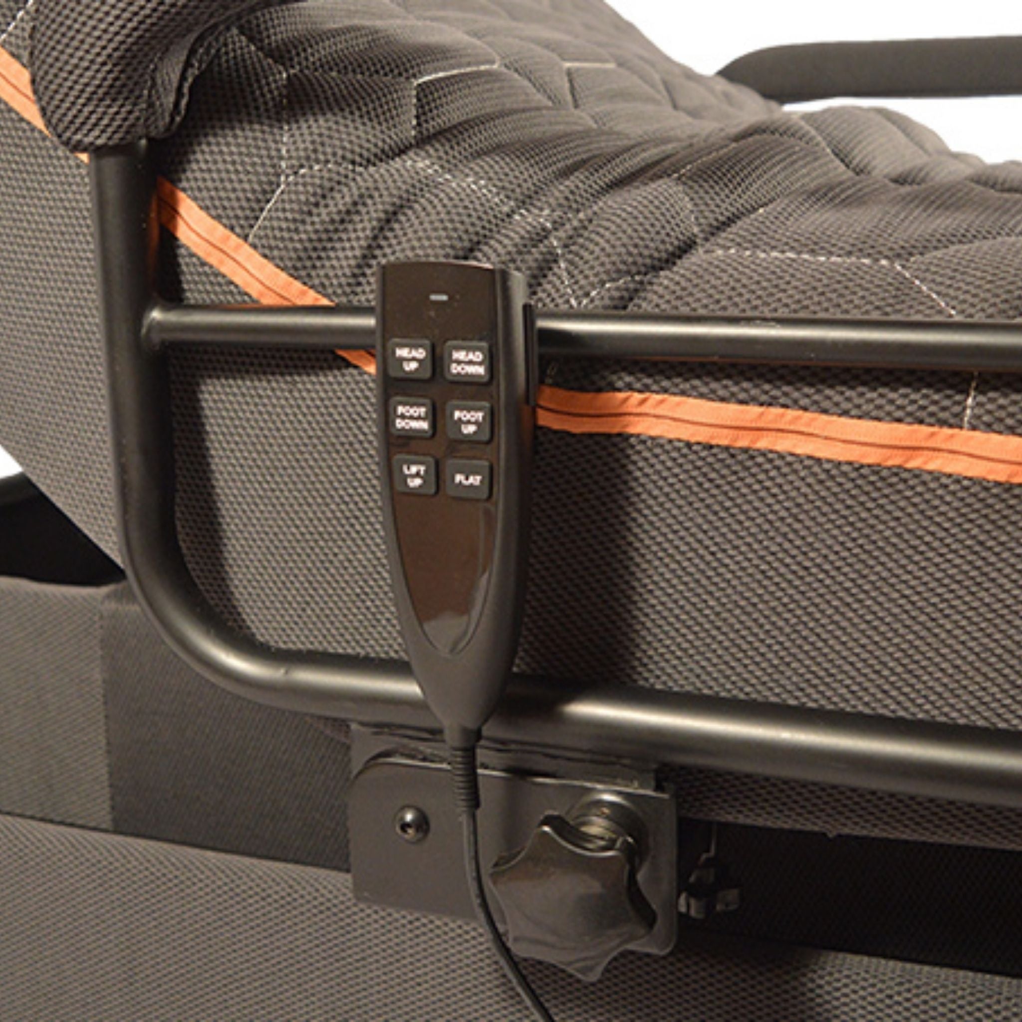 Close-up of the remote control and side rail on the Upbed Standard motorized bed chair, showing adjustable head, foot, and lift positioning controls for customized comfort and transfer assistance.