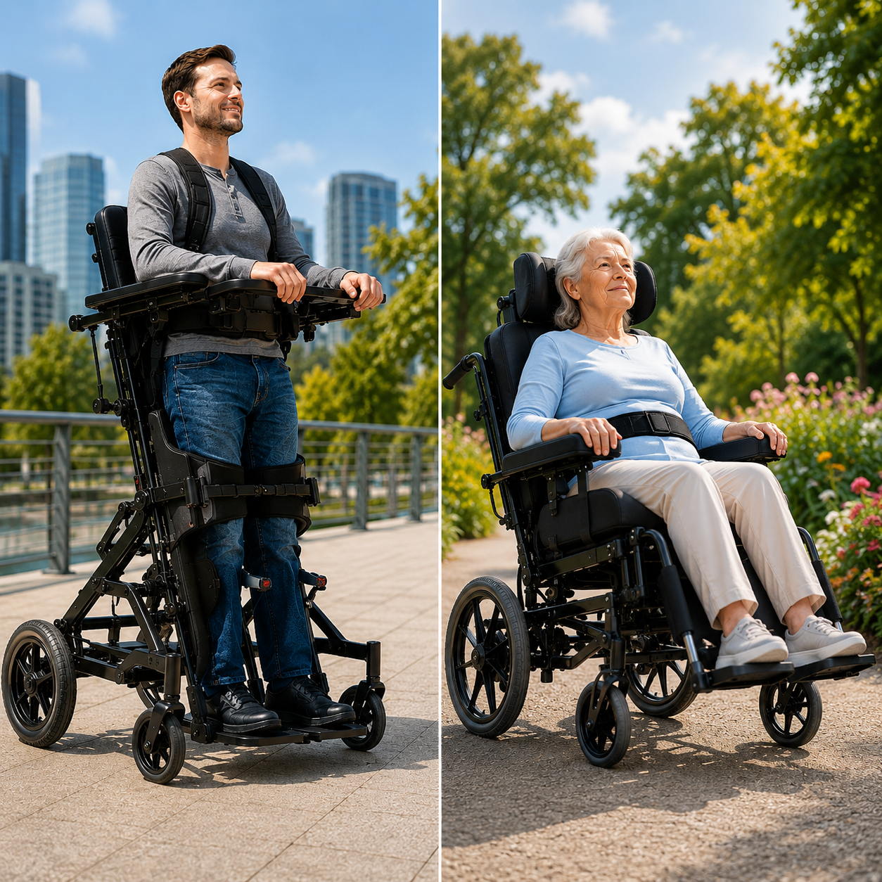Side-by-side comparison of a standing wheelchair user and a tilt-in-space wheelchair user outdoors showing upright mobility, posture support, pressure redistribution, and advanced positioning comfort.