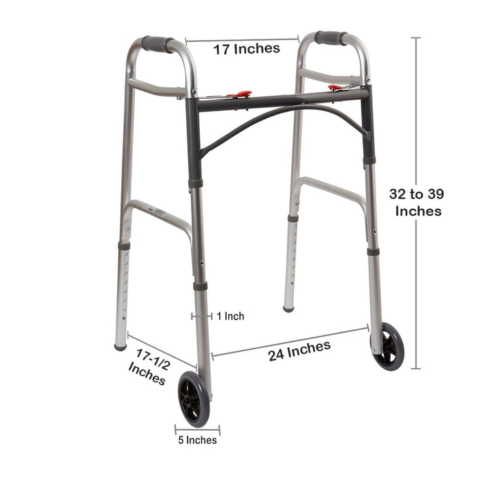 Dual Release Folding Walker with Wheels Adjustable Height