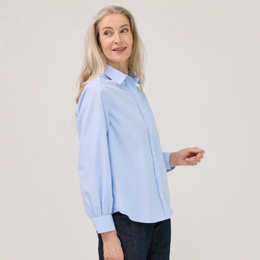 Women’s Magnetic Closure Classic Blue and White Stripe Blouse