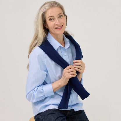 Women’s Magnetic Closure Classic Blue and White Stripe Blouse