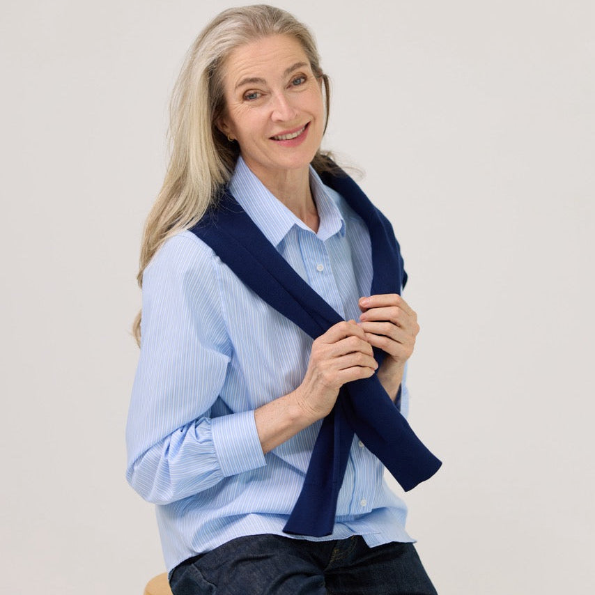 Women’s Magnetic Closure Classic Blue and White Stripe Blouse