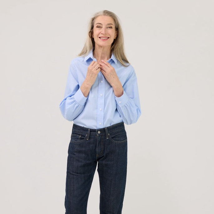 Women’s Magnetic Closure Classic Blue and White Stripe Blouse