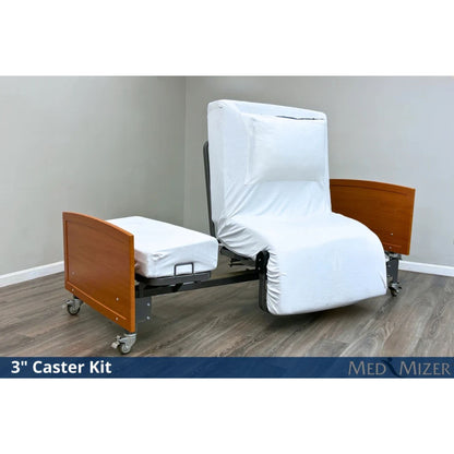 ActiveCare Fixed rotating bed with 3 inch locking caster kit shown in upright SafeTurn chair exit position