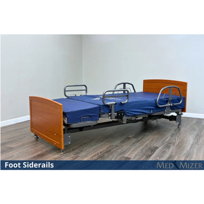 Med-Mizer ActiveCare Fixed hospital bed with optional foot siderails, blue mattress, and cherry headboard and footboard