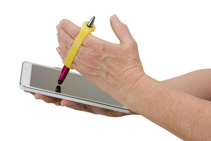 Hand using an orange EaZyHold cuff to hold a stylus and tap a tablet screen