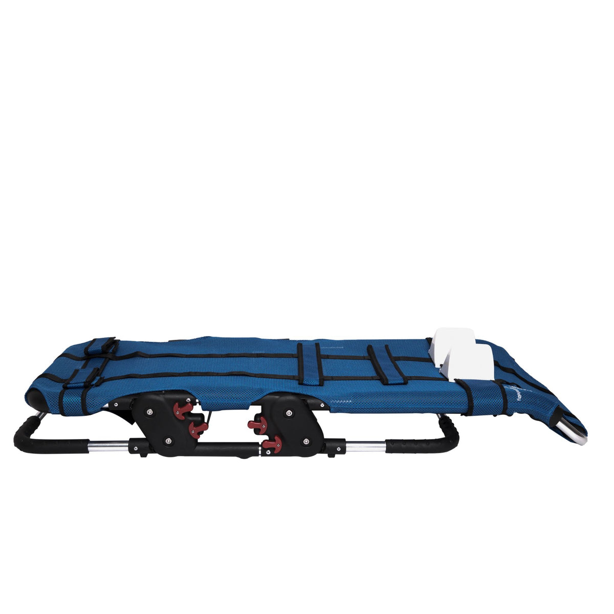Anchor bath chair adjusted to a fully flat, lie-down position for bathing or changing, with the seat and backrest level on a low aluminum frame.