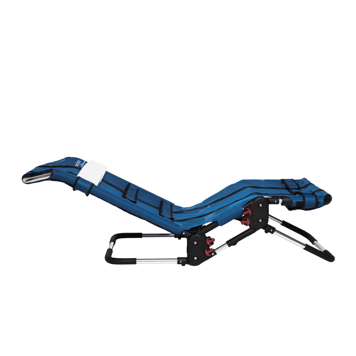 Side view of the Anchor bath chair in a reclined position, showing the blue mesh seat, aluminum frame, and red tilt and recline adjustment knobs.