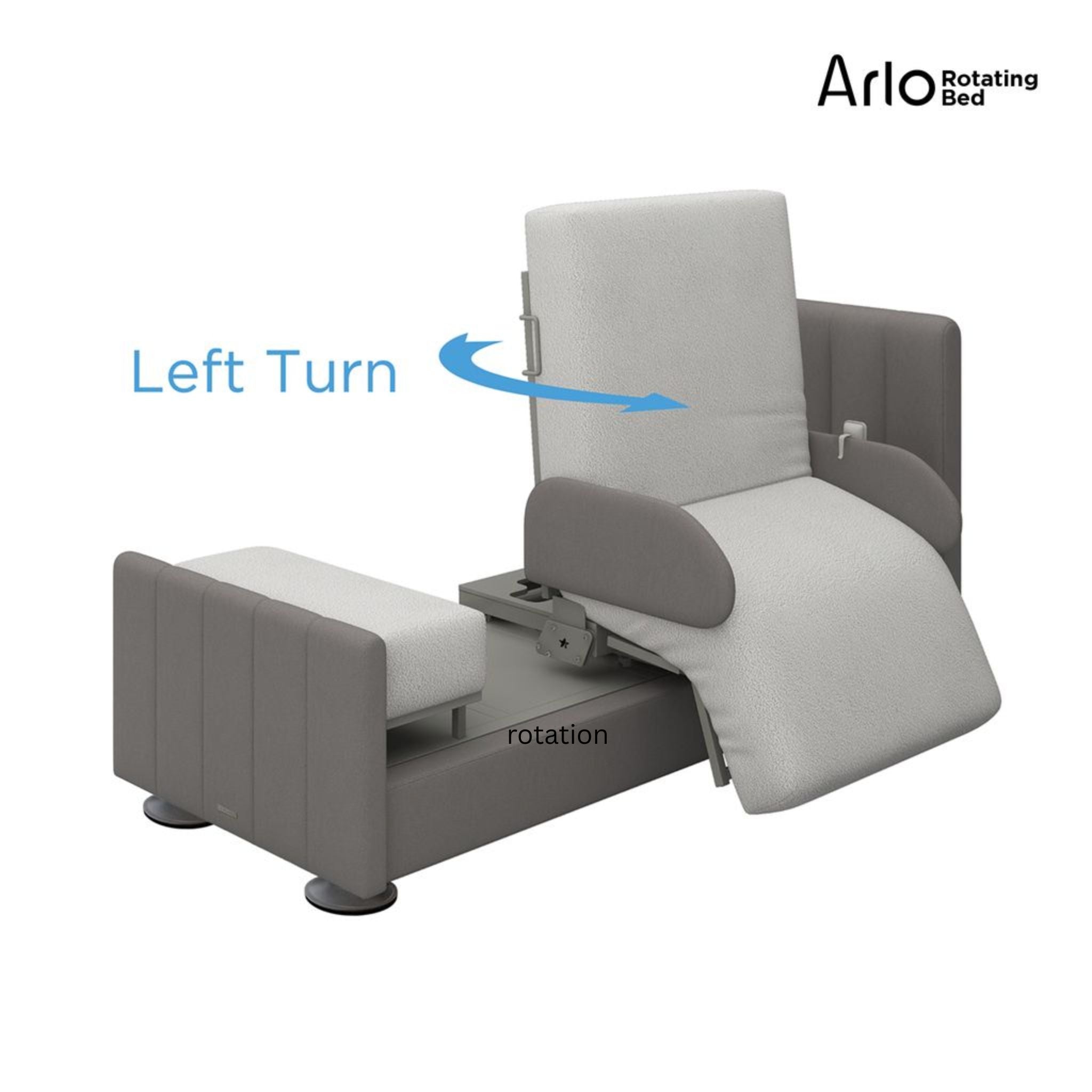 Diagram of the StarSleep Arlo bed rotating left and reclining into a chair for easy standing