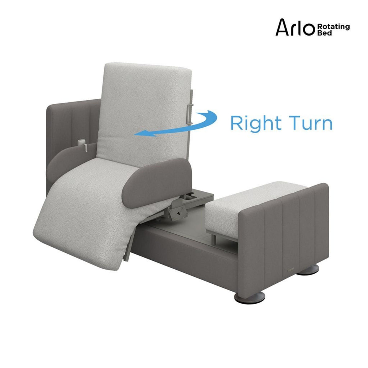 Diagram of the StarSleep Arlo bed rotating right and reclining into a chair for easy standing