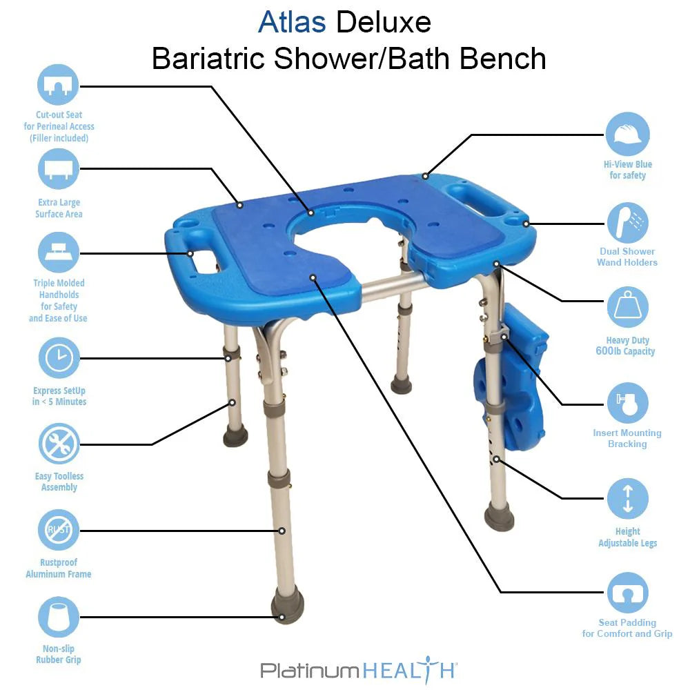 Atlas Deluxe Bariatric Shower/Bath Bench – 600 lb Capacity Padded Seat with Cutout