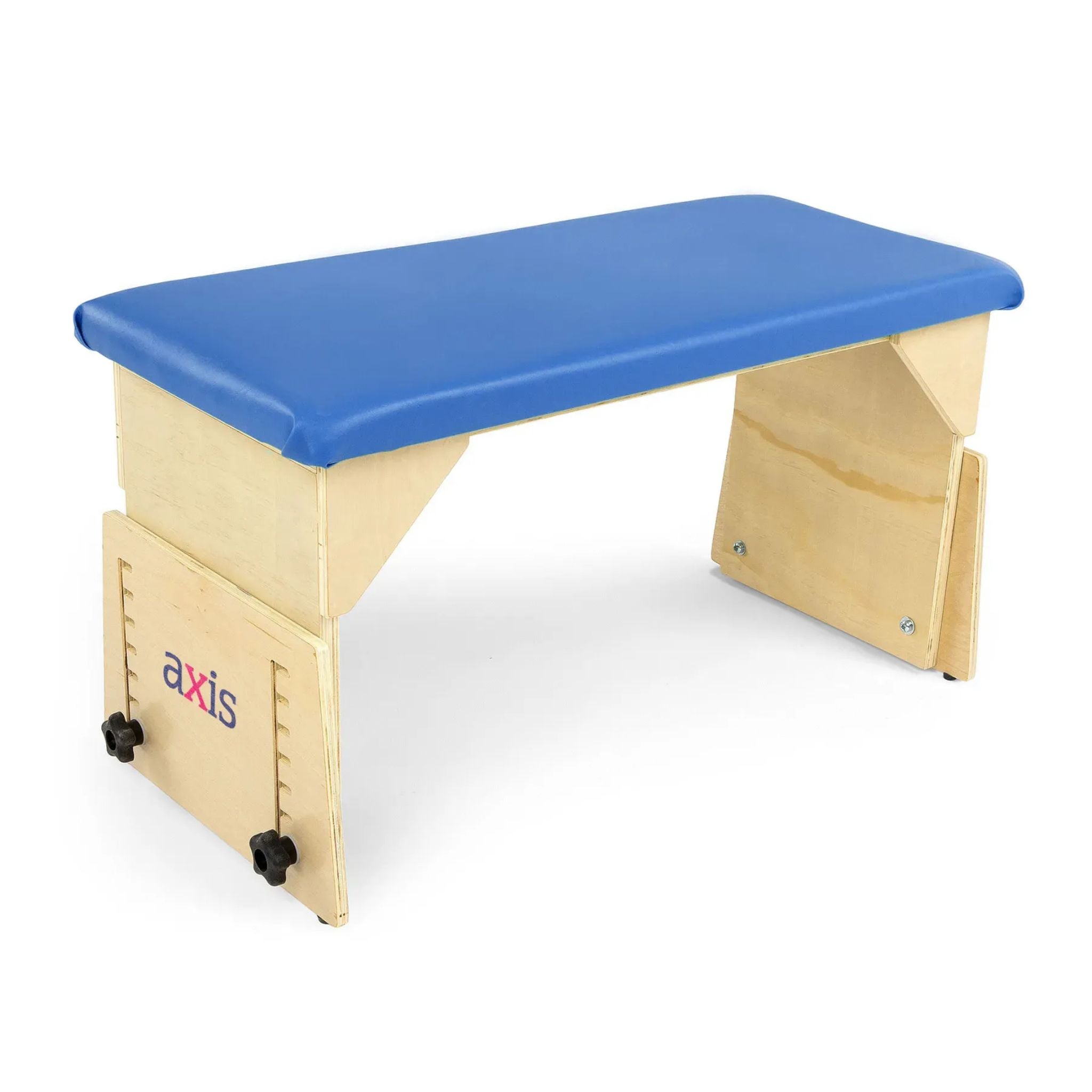 Large Axis adjustable therapy bench with blue padded seat and birch frame for older children