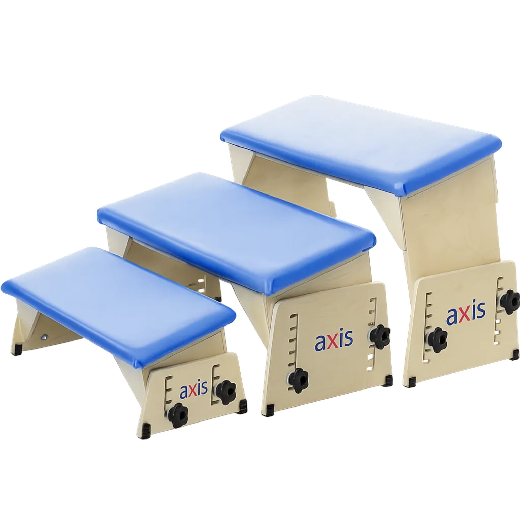 Small, medium, and large Circle Specialty Axis therapy benches shown side by side with blue cushioned seats