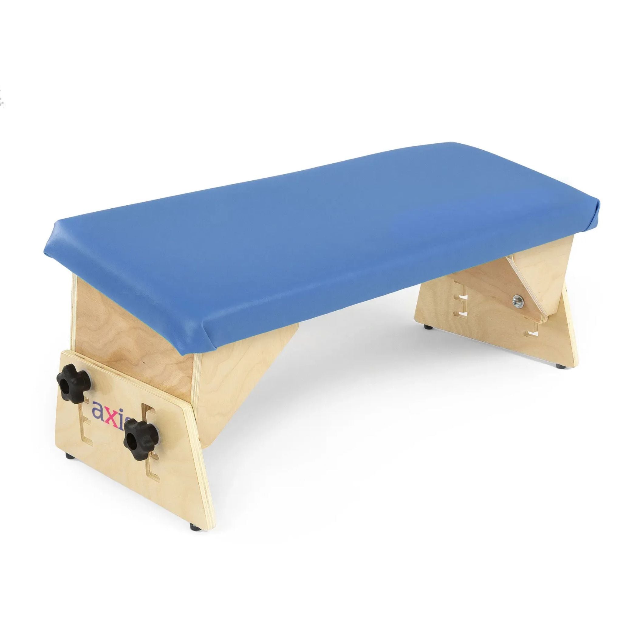 Small Axis adjustable therapy bench with padded blue seat and tool-free height and tilt adjustment knobs