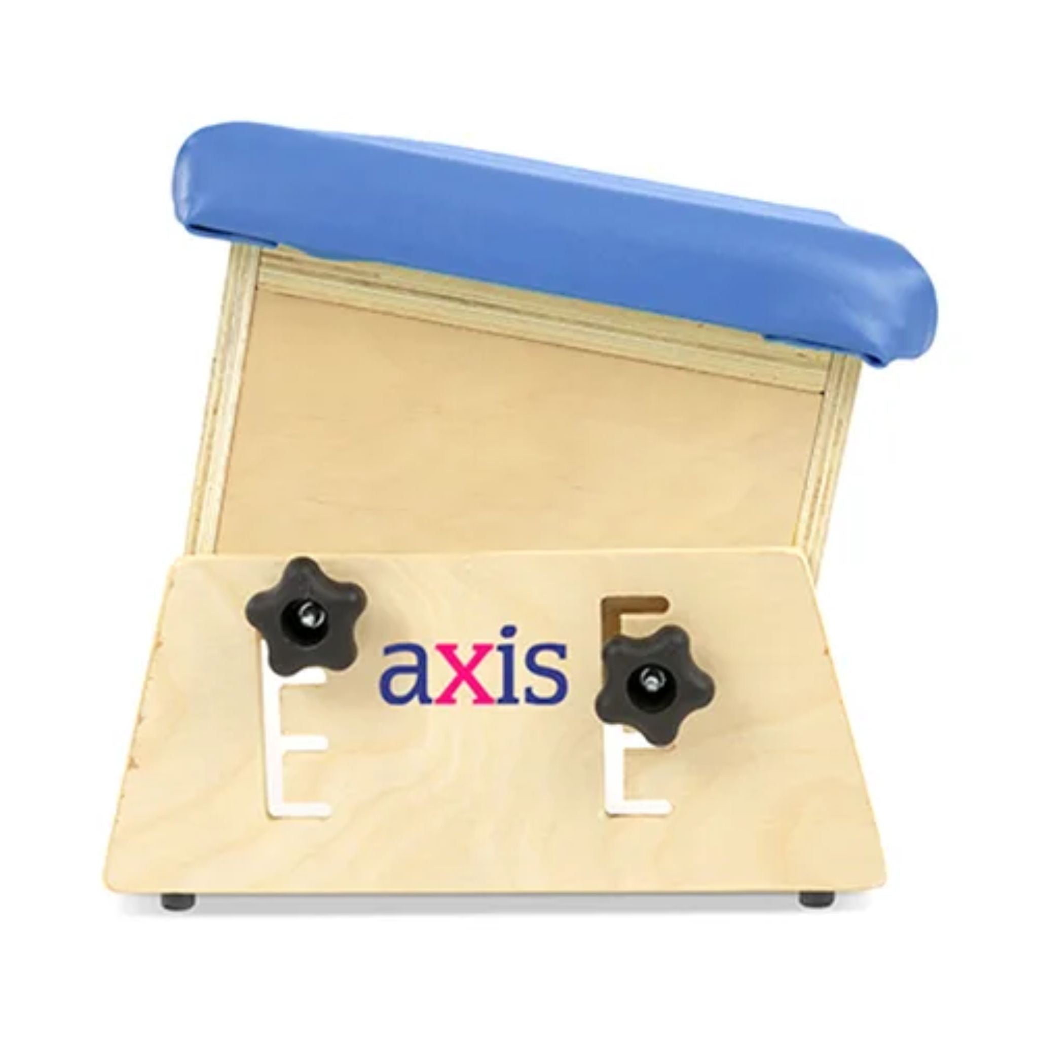 End view of Axis therapy bench showing tilted seat position, locking knobs, and height adjustment slots