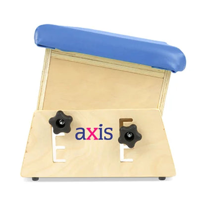 End view of Axis therapy bench showing tilted seat position, locking knobs, and height adjustment slots