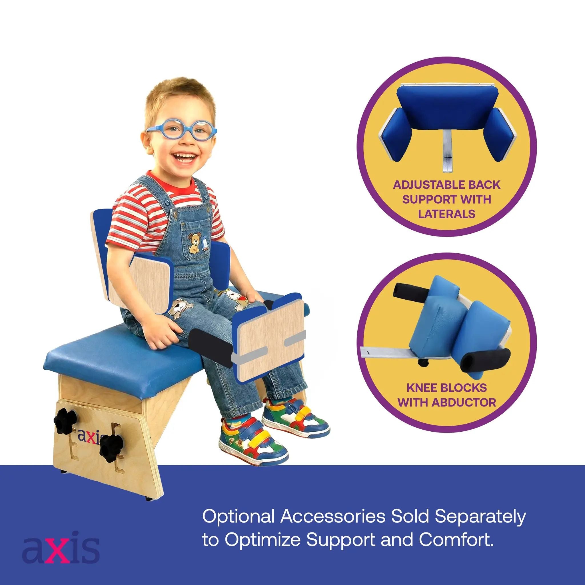 Smiling boy seated on Axis therapy bench with optional adjustable back support with laterals and knee blocks with abductor