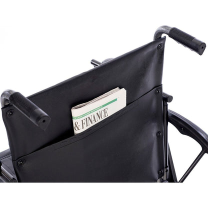 Rear storage pocket on Chariot II heavy-duty wheelchair for carrying personal items, paperwork, and everyday mobility accessories during daily wheelchair use.