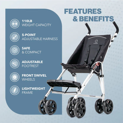 Black Coche special needs stroller with callouts for 110 lb capacity, 5-point harness, adjustable footrest, and swivel wheels